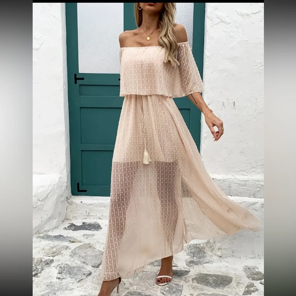 Cream Ruffled Off-Shoulder Maxi Sundress - Picture 6 of 11